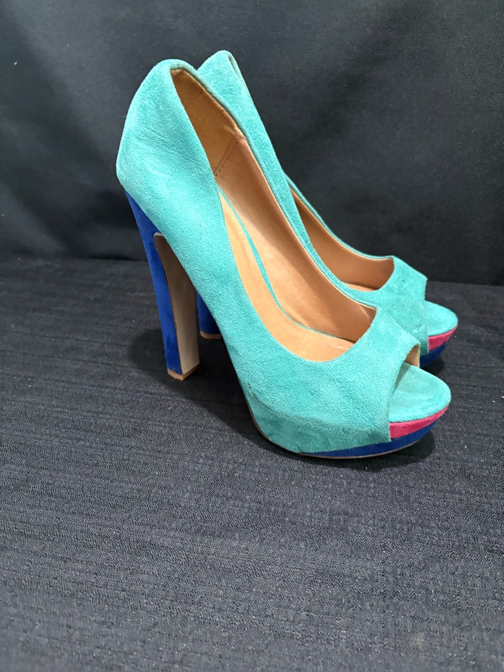 My Delicious Rainer teal multi color block platform heels, peep toe size 7